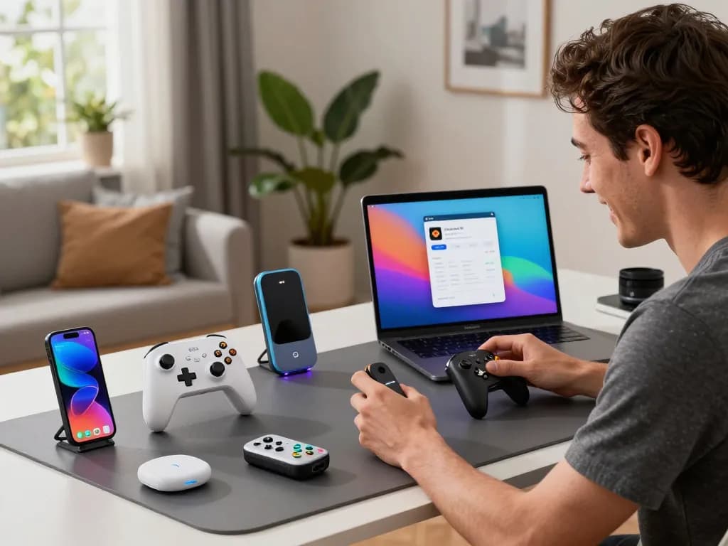 Engaging workspace featuring top 10 tech gadgets 2037, including Bluetooth devices and a tech-savvy enthusiast in action.