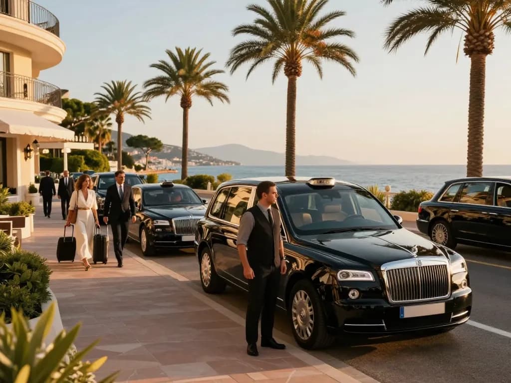 Taxi St Tropez attendant devant un hôtel de luxe, capturant l'essence d'un voyage haut de gamme.