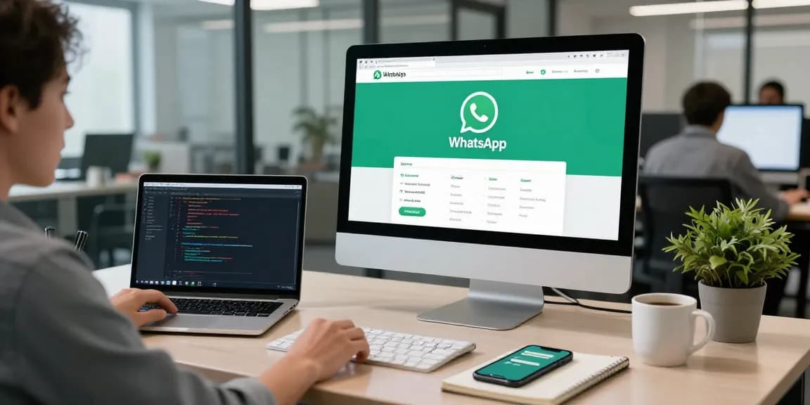 Professional using WhatsApp網頁版 on desktop in a sleek workspace.