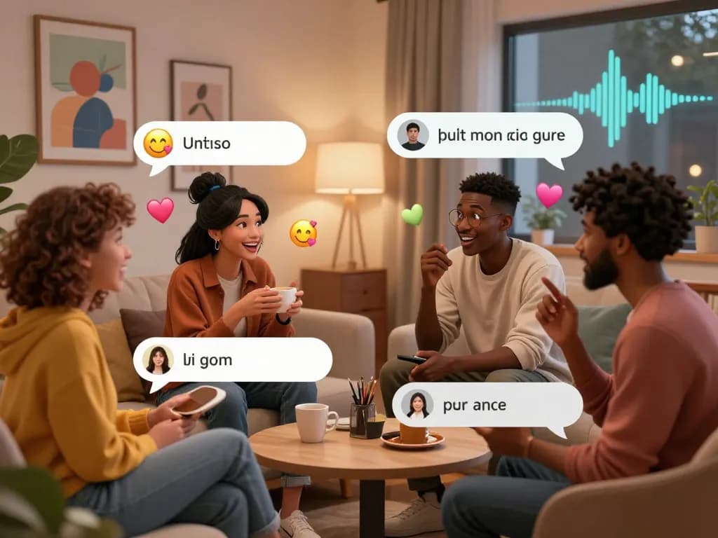Diverse AI avatars engaging in free ai sex chat in a cozy digital lounge, showcasing lively conversation and playful personalities.