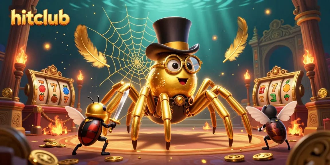 Engage with hitclub where the epic tarantula spins golden webs amidst casino elements.