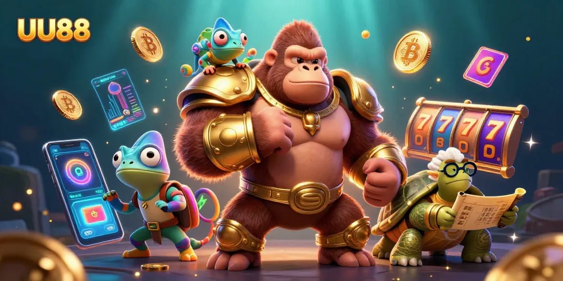 Engage in thrilling casino adventures with UU88's powerful gorilla king and colorful characters.
