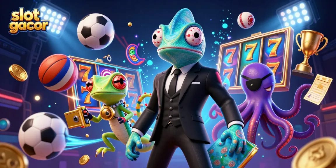 Experience the excitement of slot gacor with a vibrant, action-packed 3D illustration featuring dynamic characters and gaming elements.