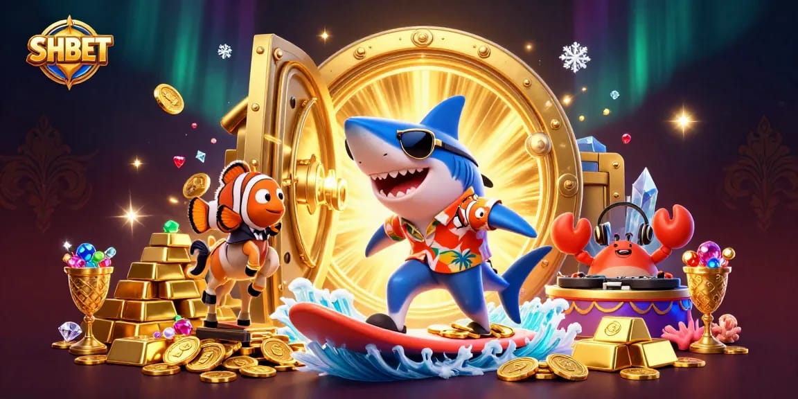 Experience thrilling gameplay at SHBET with a lively casino scene featuring animated characters and sparkling treasures.