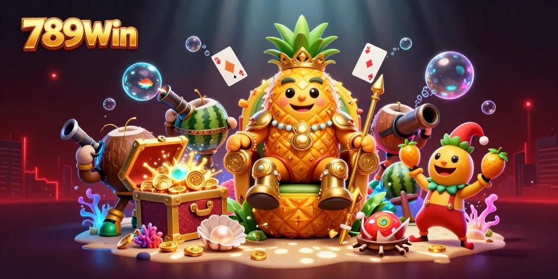 Experience thrilling gameplay at 789Win with a vibrant illustration of a casino scene featuring a golden pineapple king and underwater treasure chests.