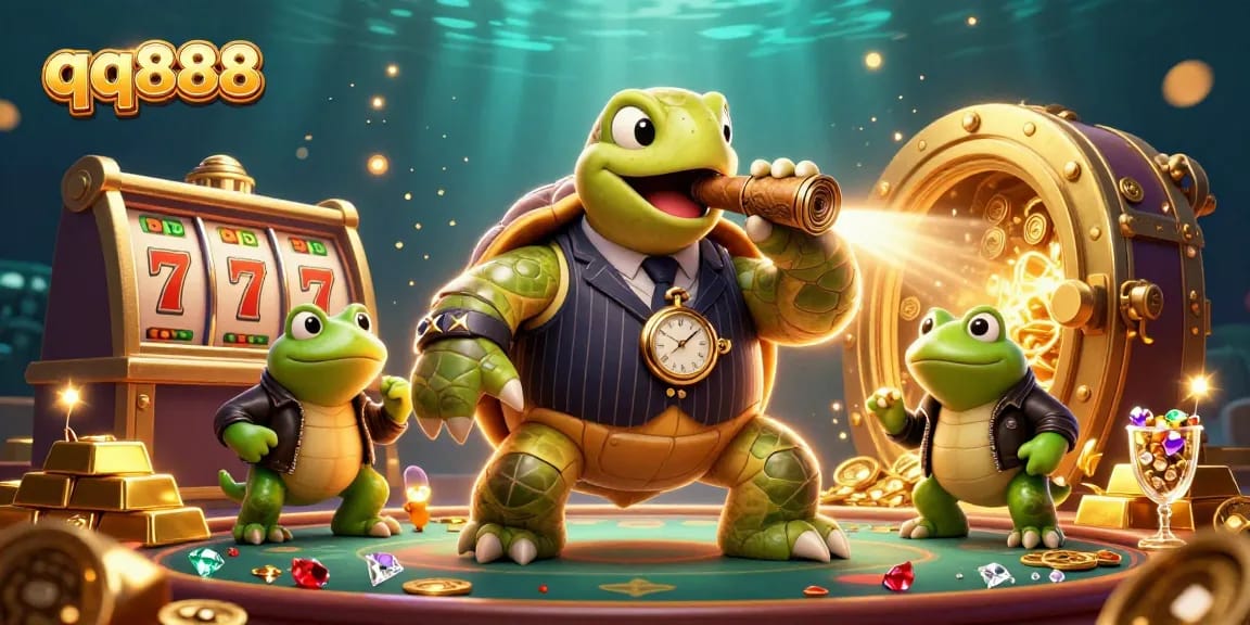 Engage in the excitement of qq888 with a cartoon turtle mobster and bullfrog enforcers amidst casino riches.
