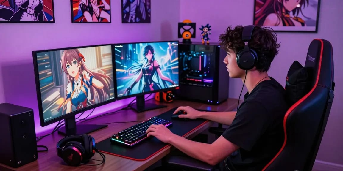 Gamer exploring an ecchi simulator in a vibrant gaming setup with colorful LED lights and immersive decor.