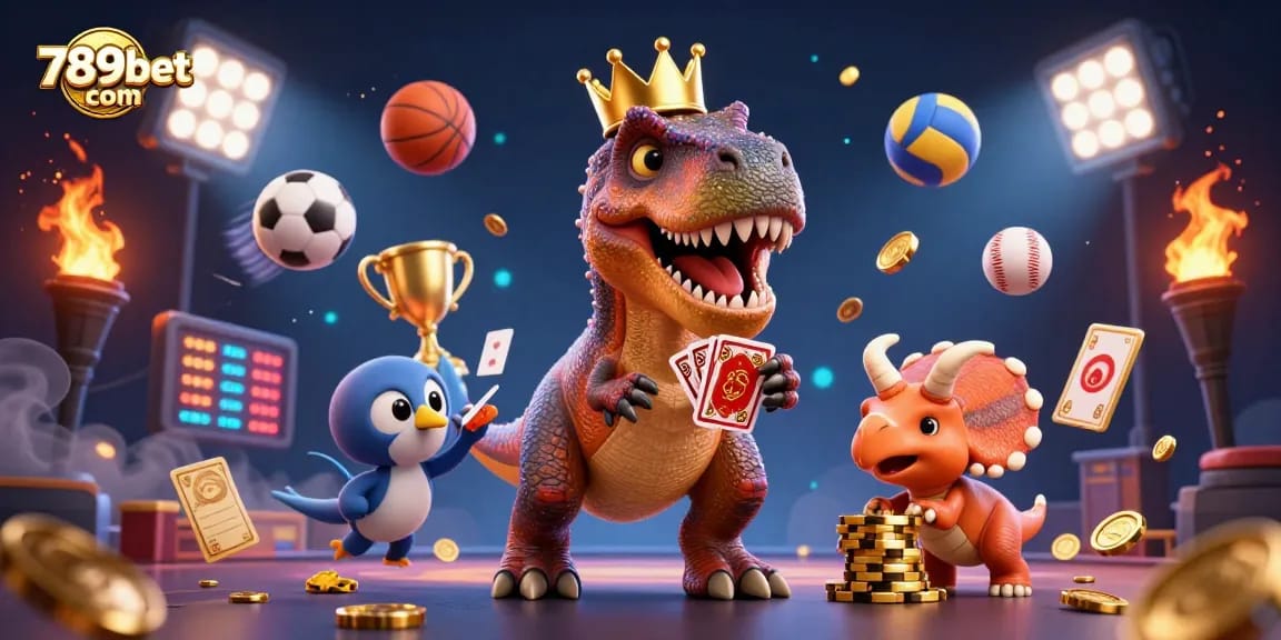 Join the excitement at 789bet com with a T-Rex shuffling cards and vibrant sports elements!