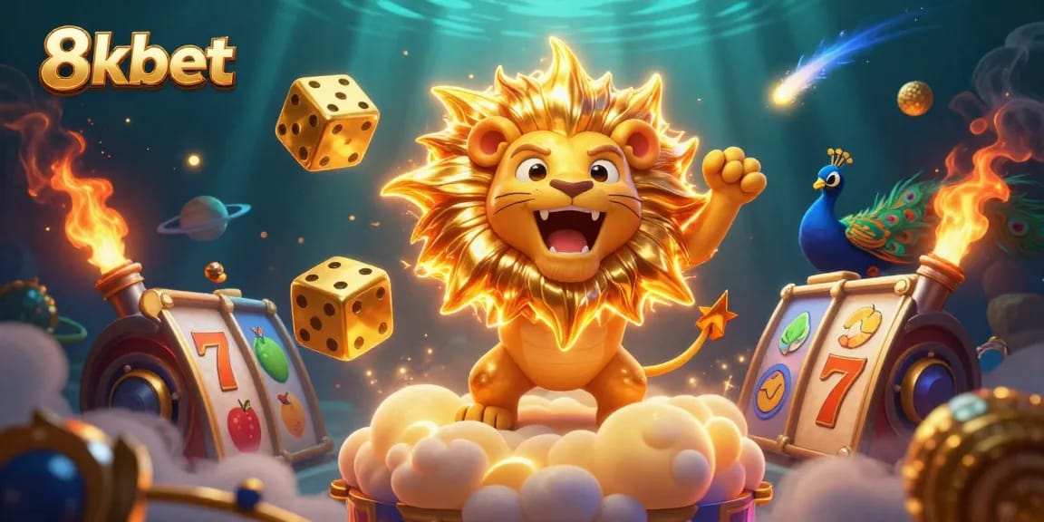 Win big with 8xbet in this dynamic casino-themed illustration featuring roaring characters, slot machines, and shining dice.