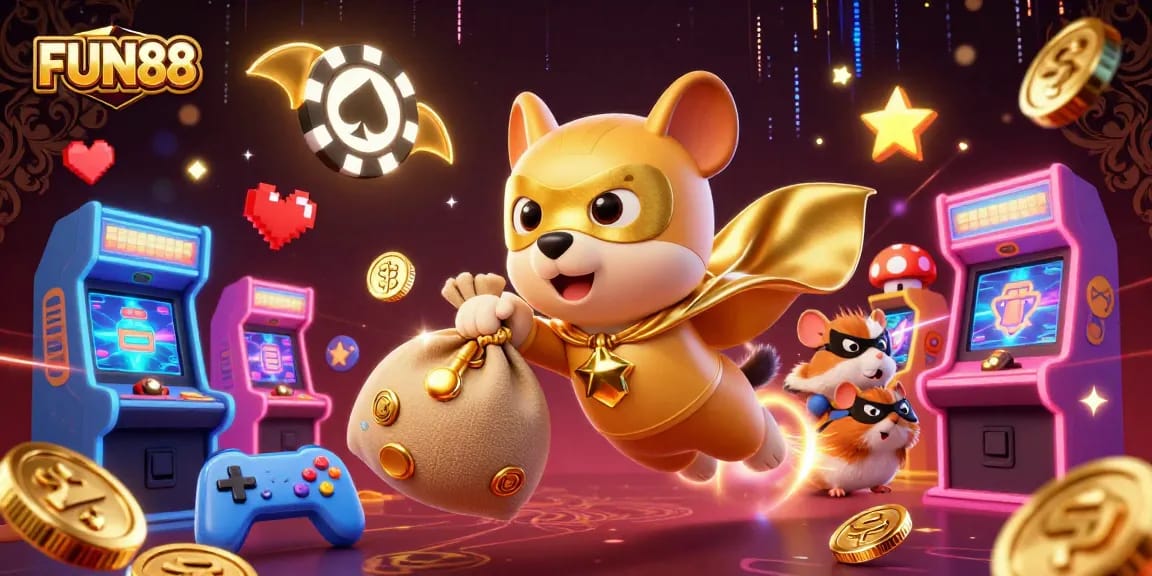 Experience FUN88's vibrant gaming world with a superhero dog and hamster in a lively casino setting.