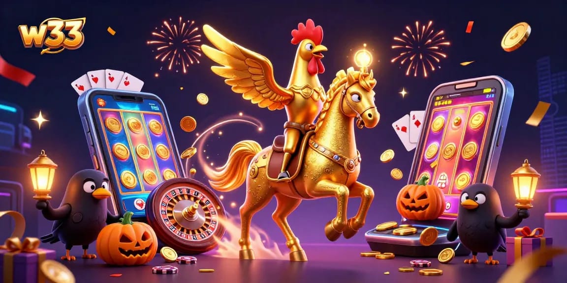 w33 players enjoying a vibrant casino scene filled with slot games, gold coins, and festive elements.