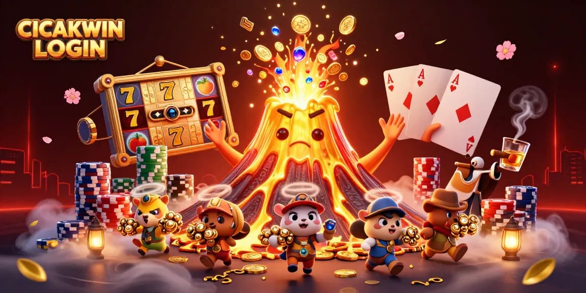 CICAKWIN LOGIN to a thrilling slot game scene featuring a volcano erupting coins and a rich treasure atmosphere.