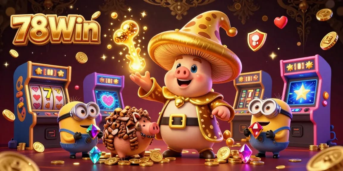 Experience the magic of 78Win with golden wizard characters and casino elements in a vibrant 3D scene.