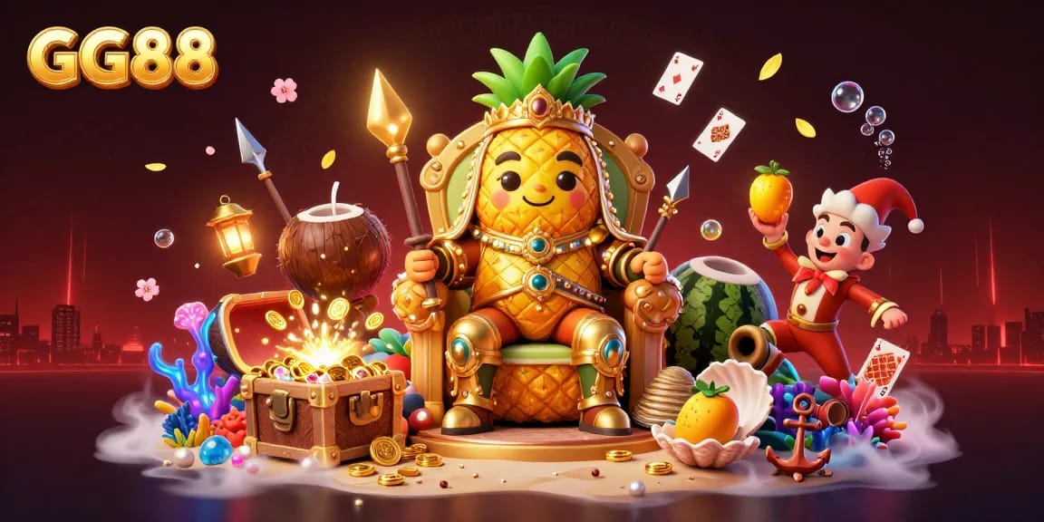 Engage with GG88's vibrant beach casino scene featuring a golden pineapple king and dynamic elements.