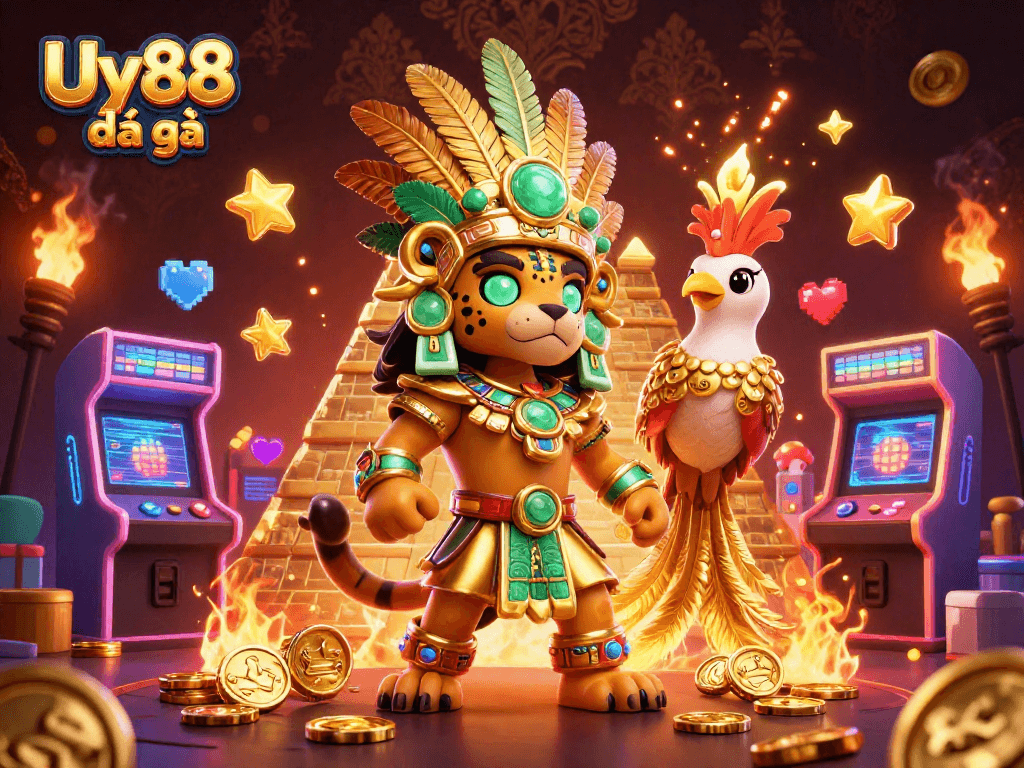 Experience Uy88 đá gà with vibrant, dynamic casino elements engaging players in this lively illustrated scene.