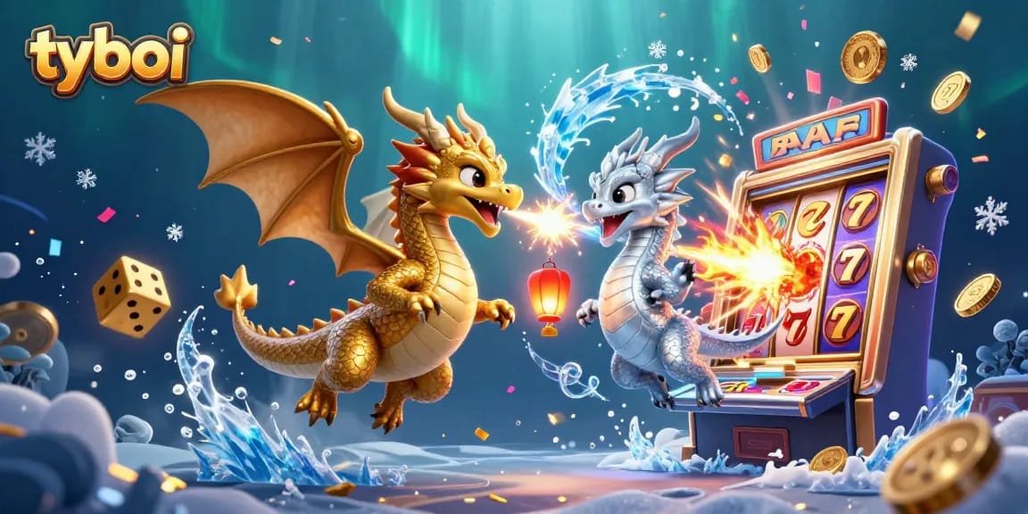 Experience thrilling slots with tyboi's interactive dragons amidst a jackpot explosion in a vibrant digital world.