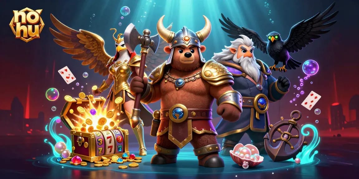 No hu casino illustration with Viking bear and Valkyrie eagle amidst gold coins and slot reels.