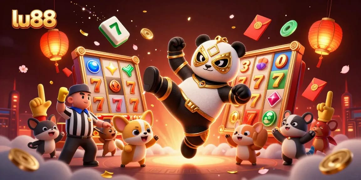 Experience exciting wins at lu88 with a panda wrestler and colorful slot reels in this dynamic illustration.