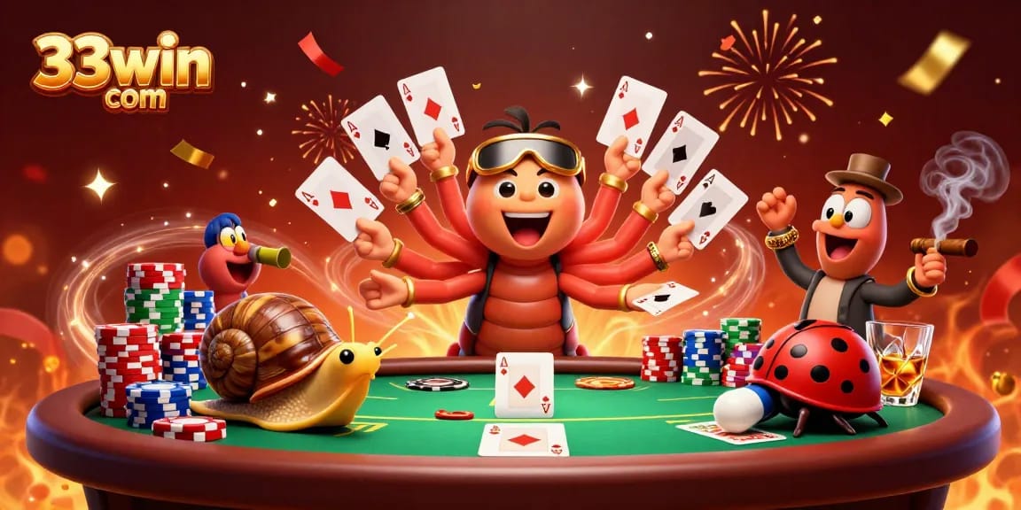 Engage with 33win com in a lively poker scene featuring a millipede dealer and high-roller snail.