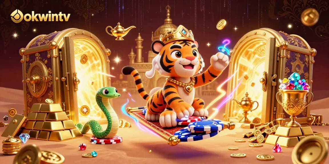Experience seamless betting on okwintv with a vibrant 3D illustration of a tiger sultan amidst treasures.