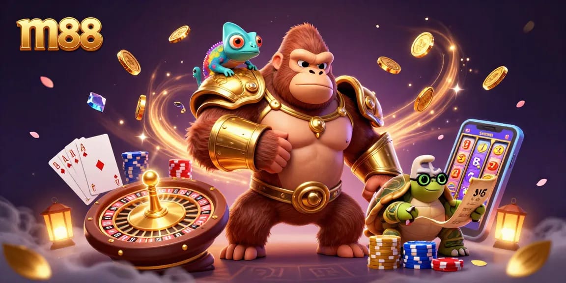 Win big at m88 with a dynamic scene featuring a gorilla, chameleon, and tortoise in action.