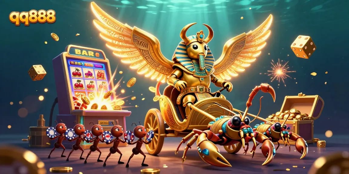 Engage with exciting gameplay at qq888 featuring a vibrant casino scene with a golden scarab and slot machine.