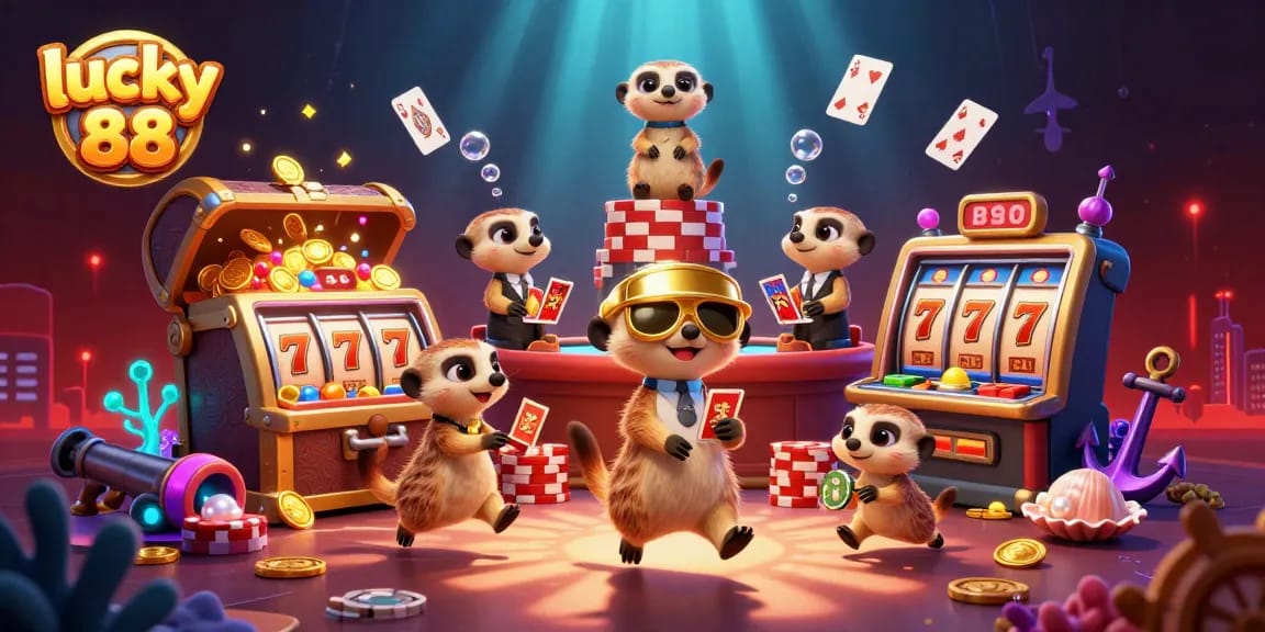 Experience the excitement of lucky 88 with a dynamic meerkat casino scene bursting with vibrant game elements.