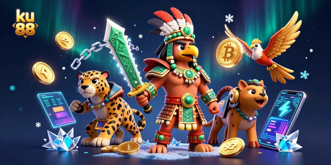 ku 88 showcases a lively 3D digital illustration of Aztec warriors engaging with crypto game elements.