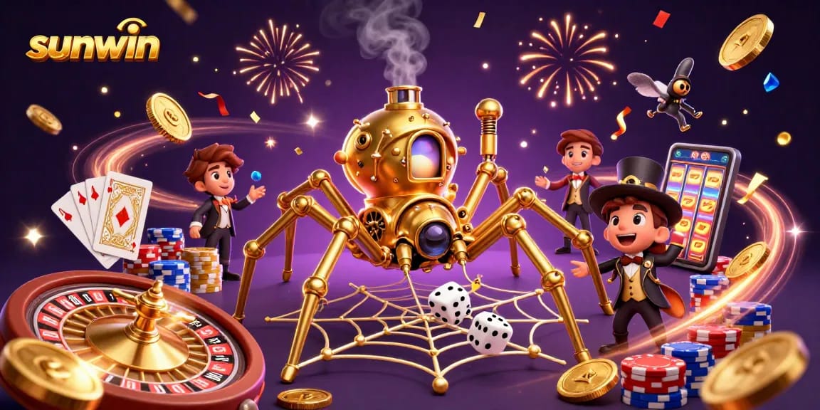 Play with sunwin's steampunk spider catching dice in a vibrant casino scene.