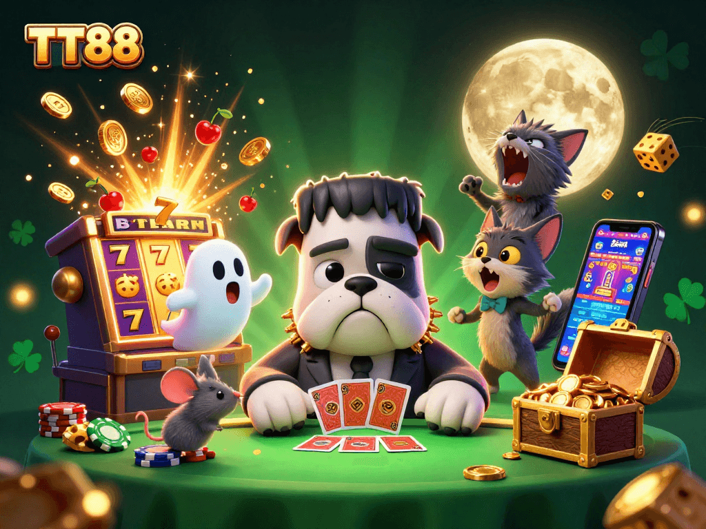 TT88 showcases a lively 3D casino scene with characters dealing cards and jackpot elements.