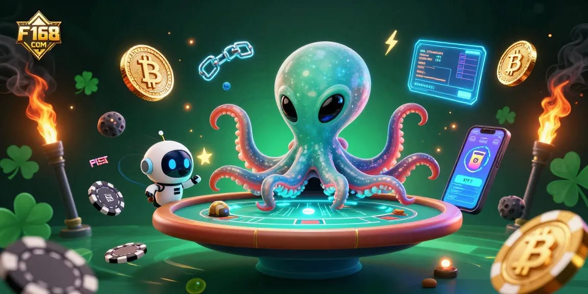 Engage with F168 COM in an exciting extraterrestrial poker scene featuring a vibrant alien octopus and crypto coins.