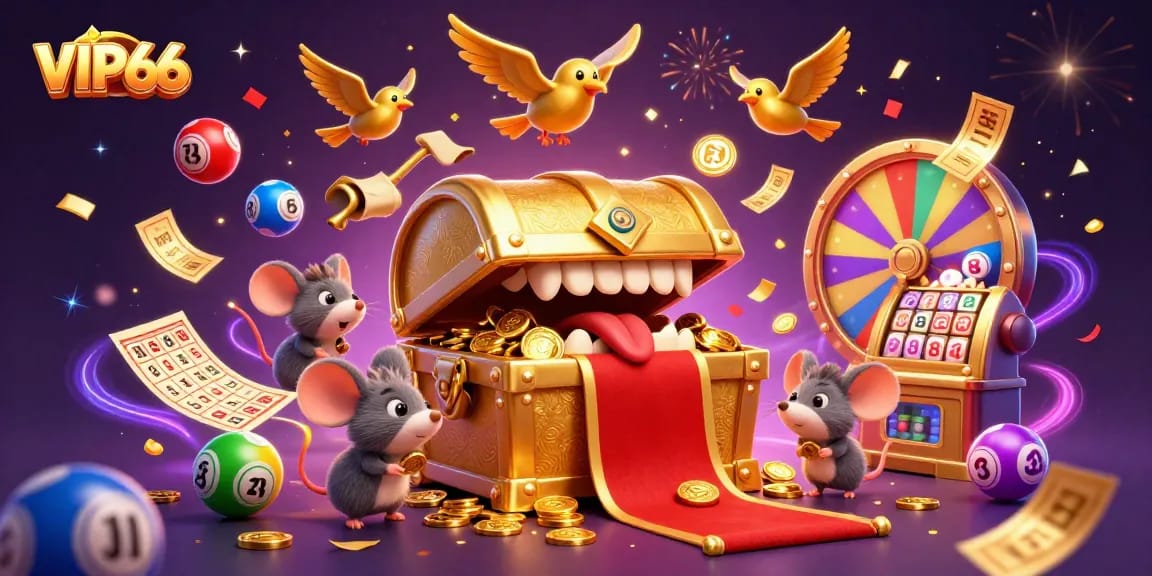 Experience winning excitement at VIP66 with a vibrant 3D casino scene featuring lottery elements.