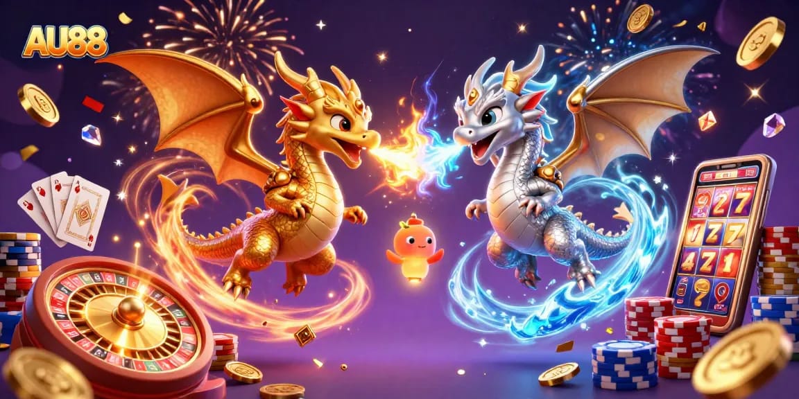 Experience the thrill of AU88 casino with dragons, coins, and gaming elements in a vibrant 3D illustration.