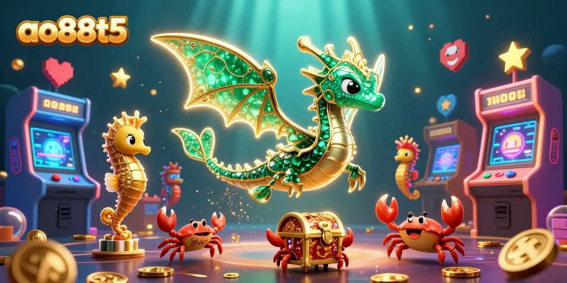 A mesmerizing gambling scene featuring ao88t5, showcasing a vibrant dragon, seahorses, and arcade elements.