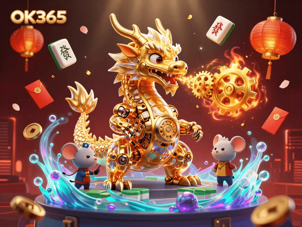 Engage in thrilling gaming at OK365 with a vibrant 3D scene showcasing a golden dragon amidst lucky symbols.