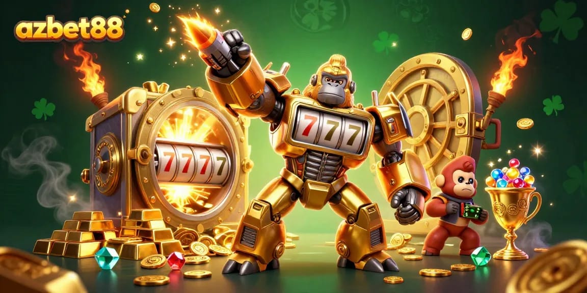 Experience the excitement of azbet88 with dynamic golden gorilla mech and treasures in a captivating casino scene.