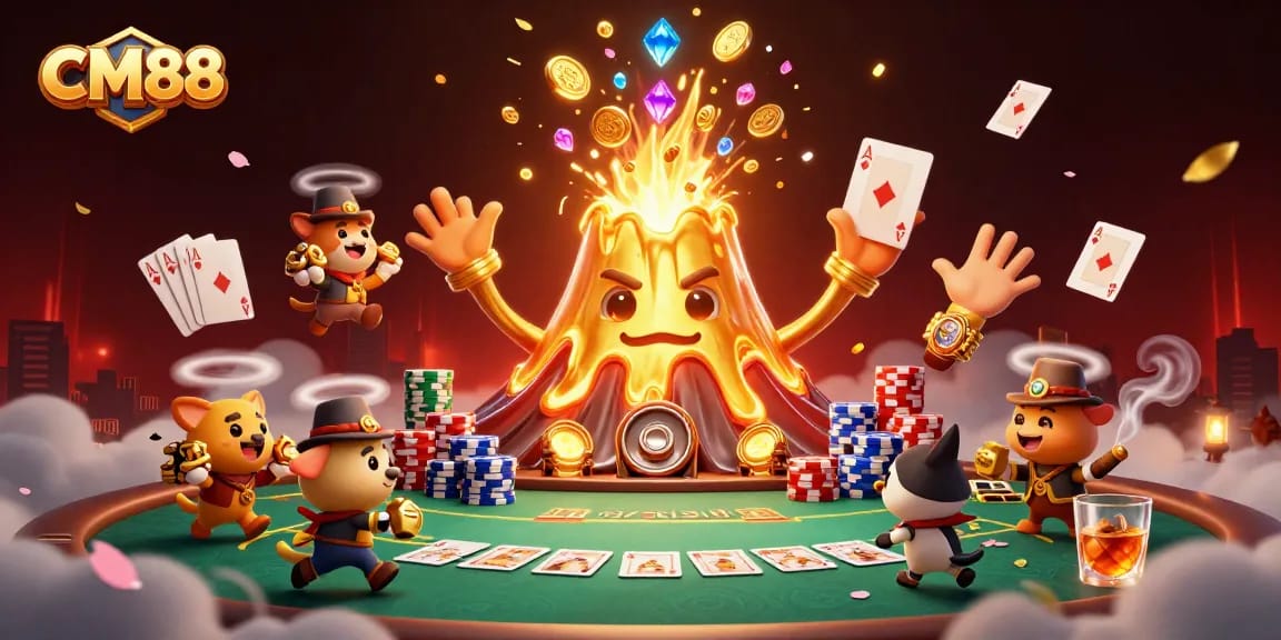 Experience thrilling gaming at CM88 with a golden volcano erupting treasures and exciting poker elements.