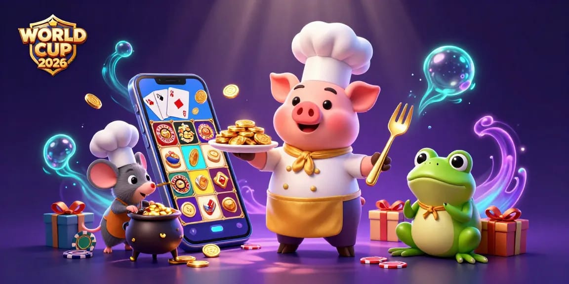 Bet on WORLD CUP 2026 with a lively casino scene showcasing festive characters and game elements.