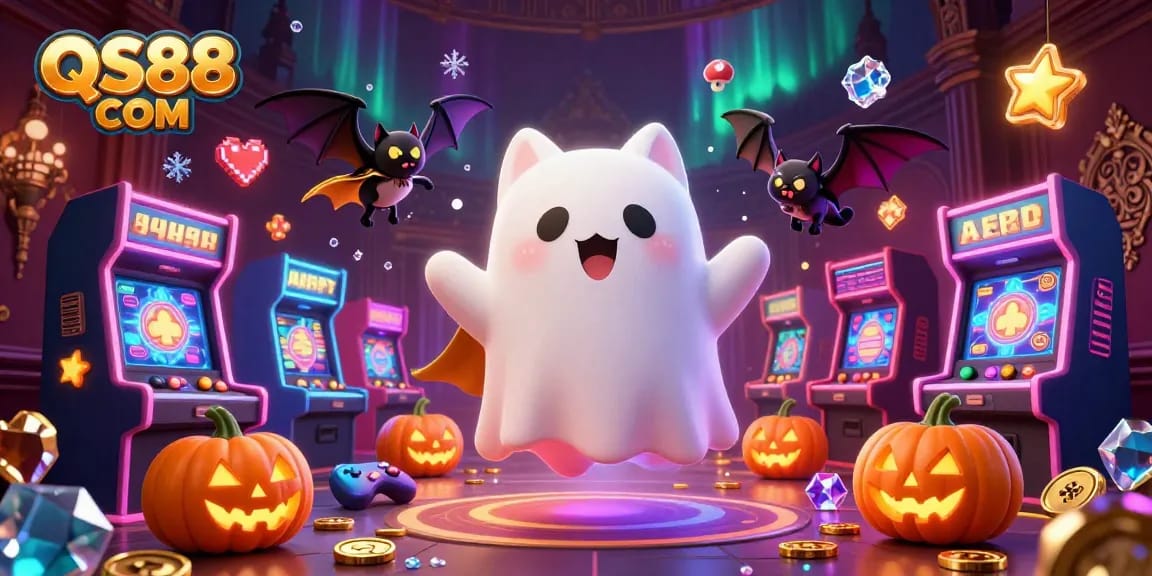 Engage the spooky charm at QS88 COM with a ghost cat and bat in a haunted casino.