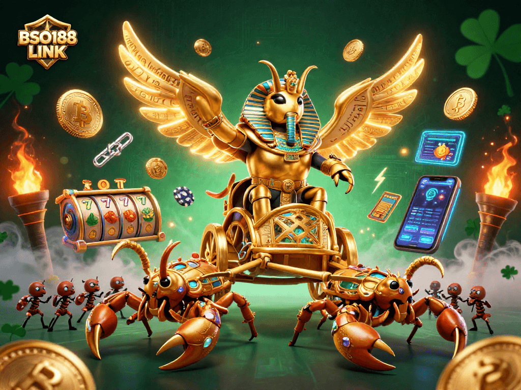 Join the excitement at BSO188 LINK as a scarab beetle leads a vibrant casino adventure with crypto themes.