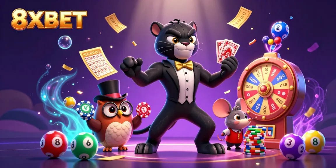 Experience winning thrills at 8XBET with vibrant casino characters and dynamic gaming elements.