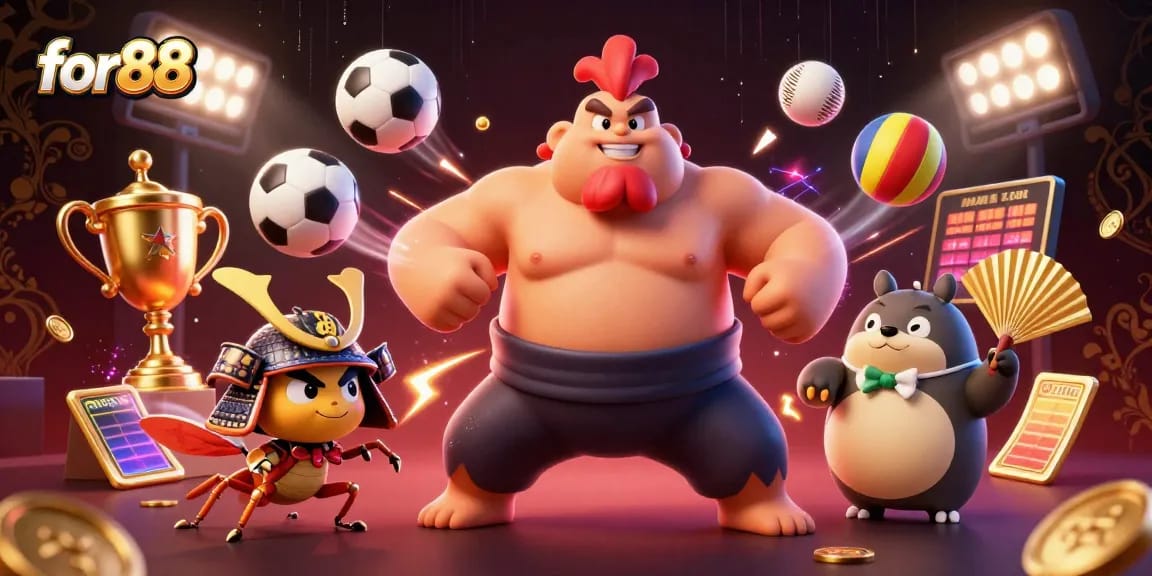 Experience thrilling gaming with for88 as a powerful rooster sumo wrestler and cricket samurai illustrate the excitement.