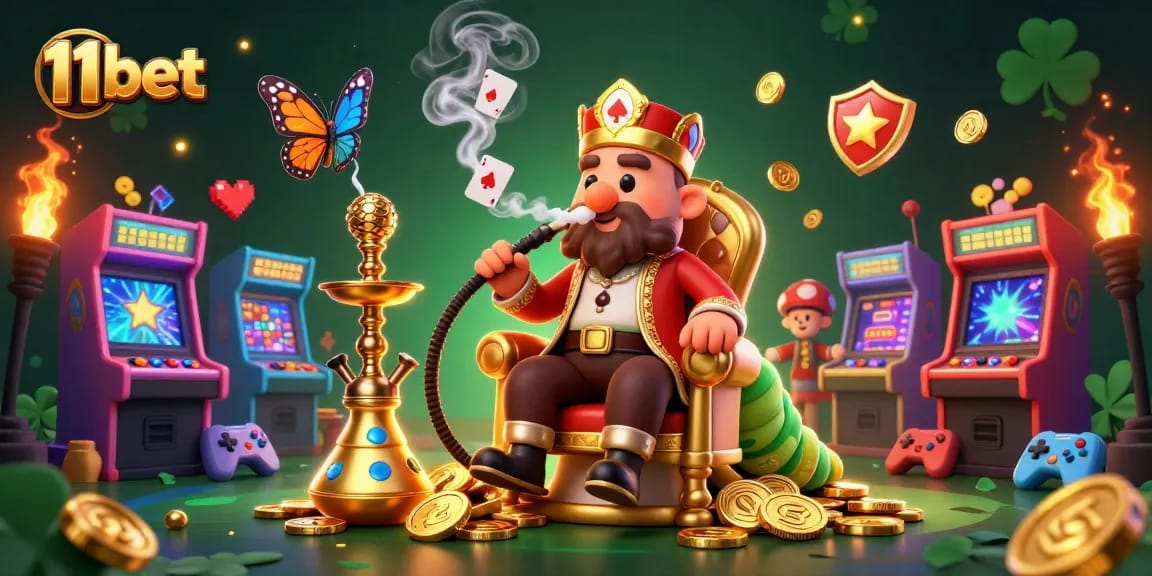 Engage with 11 bet in a vibrant 3D scene featuring a whimsical caterpillar and casino elements