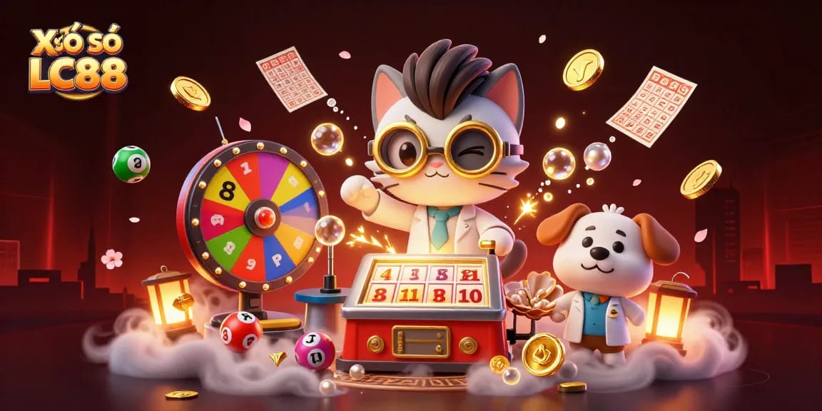 XỔ Số LC88 lottery machine creating thrilling winning opportunities for players while surrounded by colorful prizes and dynamic game elements.