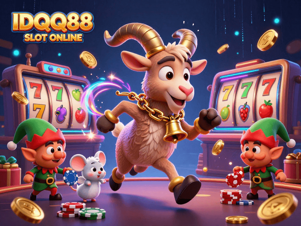 Experience IDQQ88 SLOT ONLINE with festive casino chaos featuring characters and slot elements. Play now!