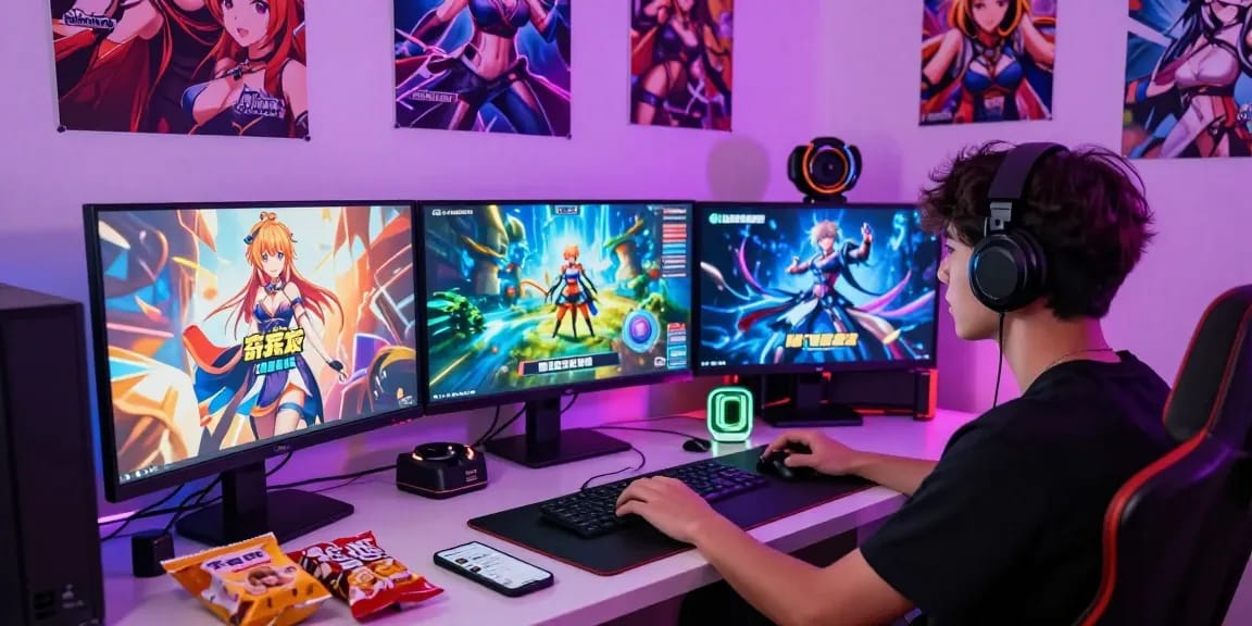 Player immersed in free hentai games on a vibrant gaming setup, showcasing anime characters and interactive storylines in a colorful bedroom.