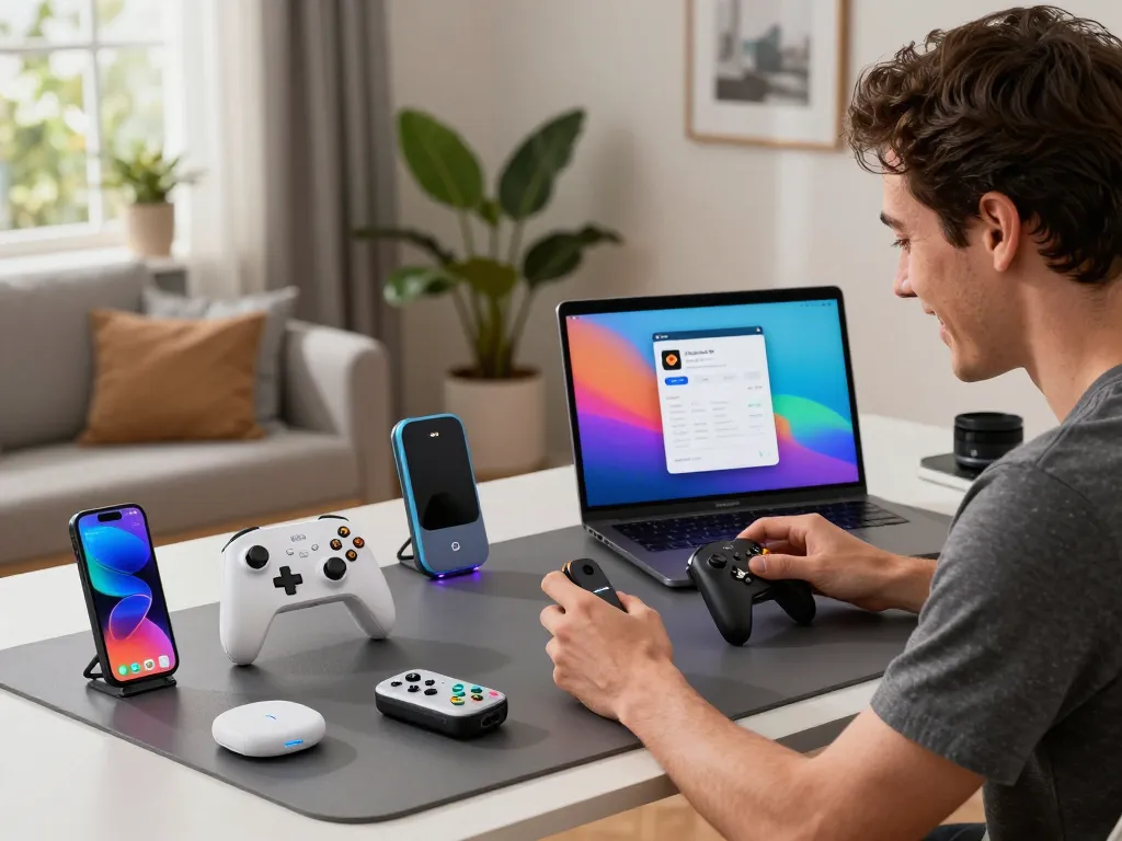Engaging workspace featuring top 10 tech gadgets 2037, including Bluetooth devices and a tech-savvy enthusiast in action.