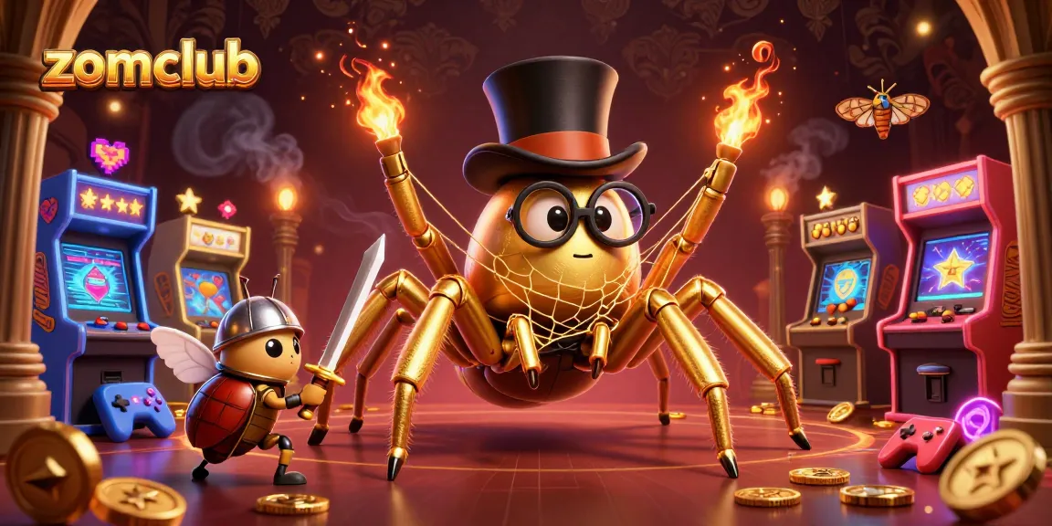 Engage in thrilling gameplay at zomclub with an adventurous scene featuring a golden tarantula and tiny knight.