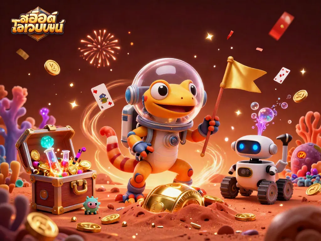 Engage in exciting สล็อตออนไลน์ adventures with a Martian gecko uncovering a golden casino on Mars.