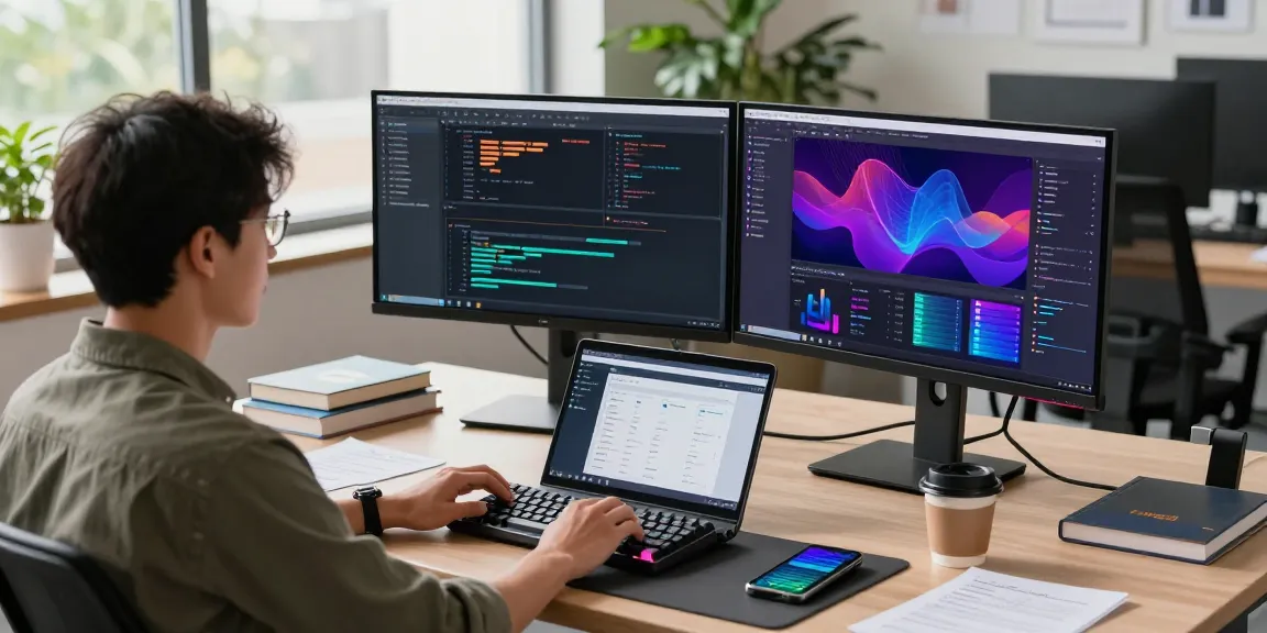 快连 software development scene showcasing a developer coding with high-resolution monitors in a modern workspace.